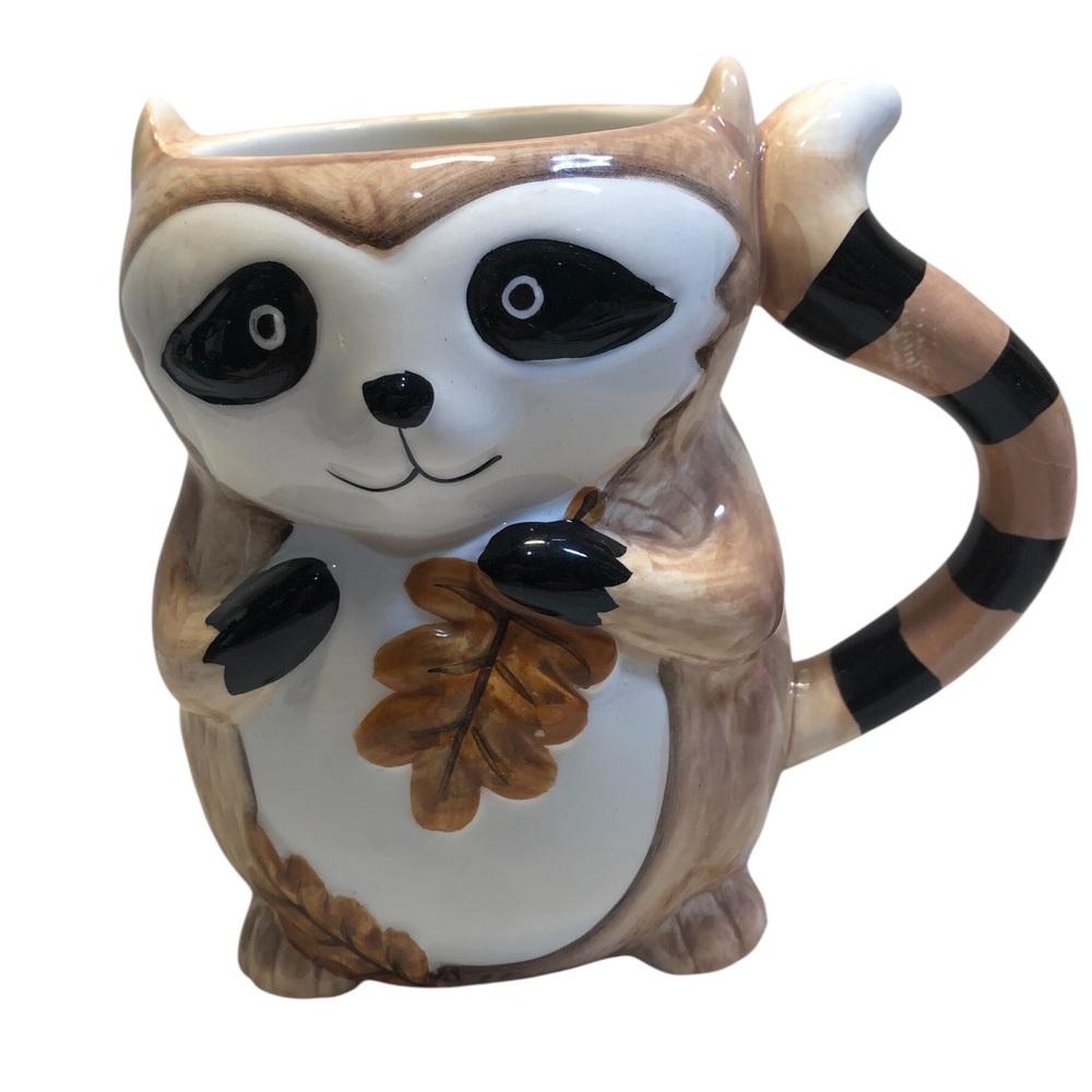 Pier 1 Imports Ceramic Figural Raccoon with Leaves Large Coffee Mug Tea Cup
